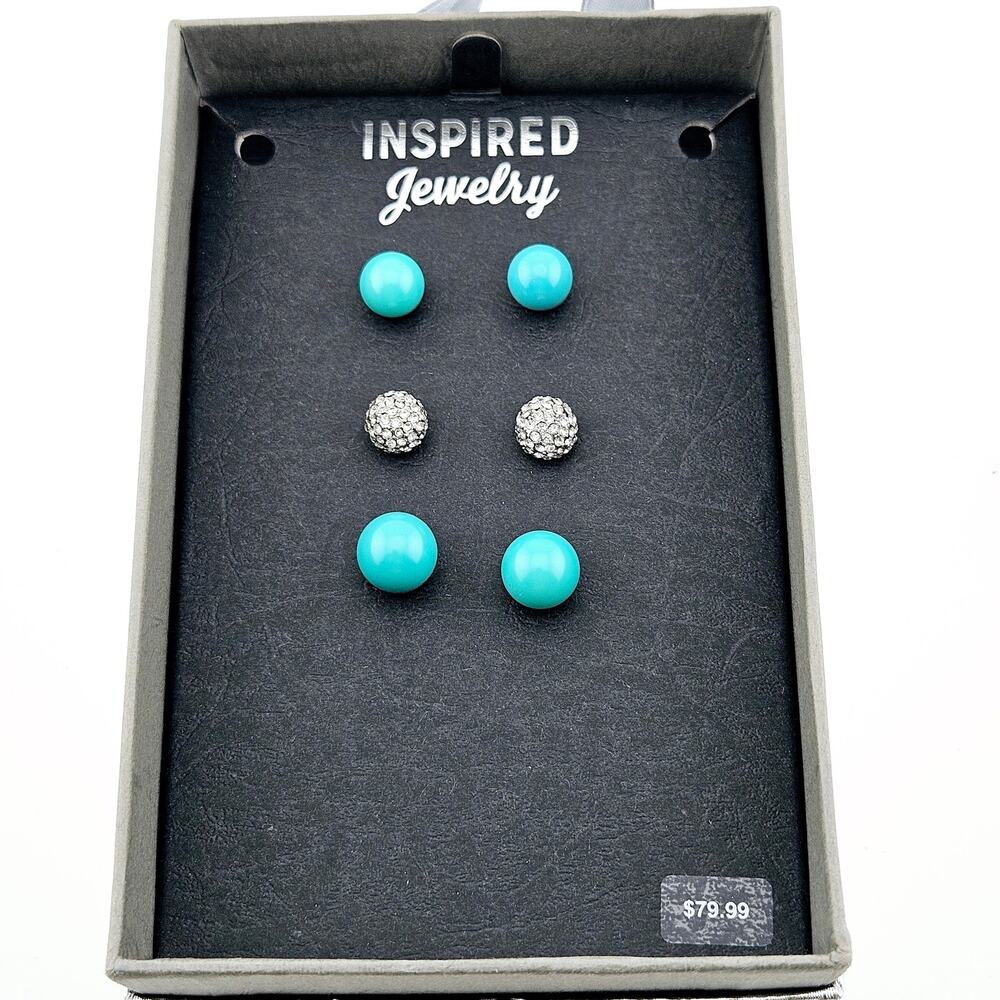 3 Pack Stud Earrings Aqua Blue & Silver Post Southwestern Casual Basic Everyday